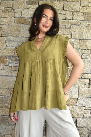 Tasha Cushion Cotton Cap Sleeve Tier Top Olive
